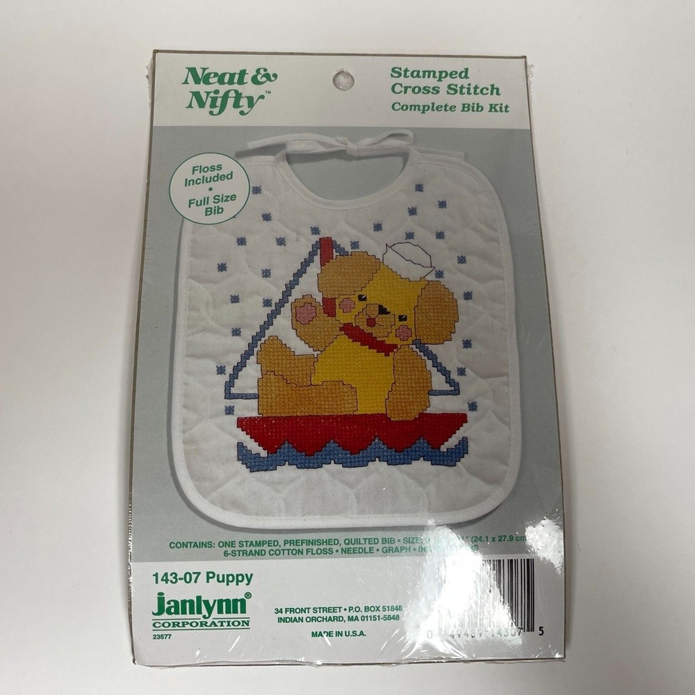 Janlynn Corporation Neat & Nifty 143-07 Puppy Stamped Cross Stitch Bib Kit NWOT